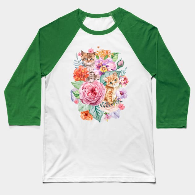 Kittens in flowers I Baseball T-Shirt by CatyArte